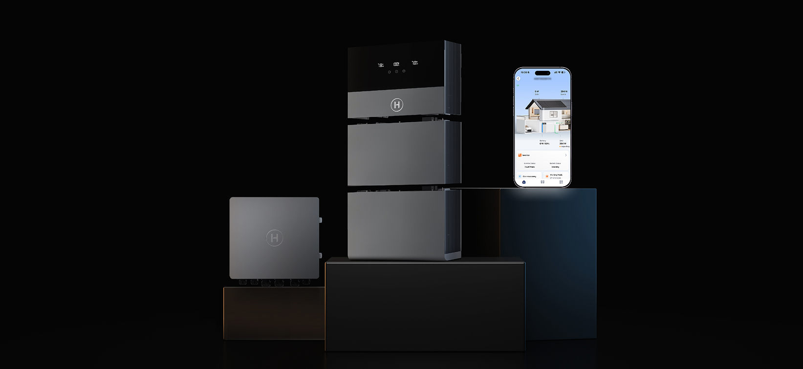 HiOne complete system integration diagram showing inverter+EMS, modular batteries, gateway components HiOne complete system integration diagram showing inverter+EMS, modular batteries, gateway components